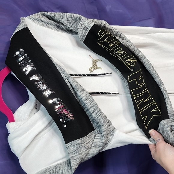 VS PINK - White and Gray Bling Hoodie with Metallic Detailing - Size Large - Picture 5 of 13